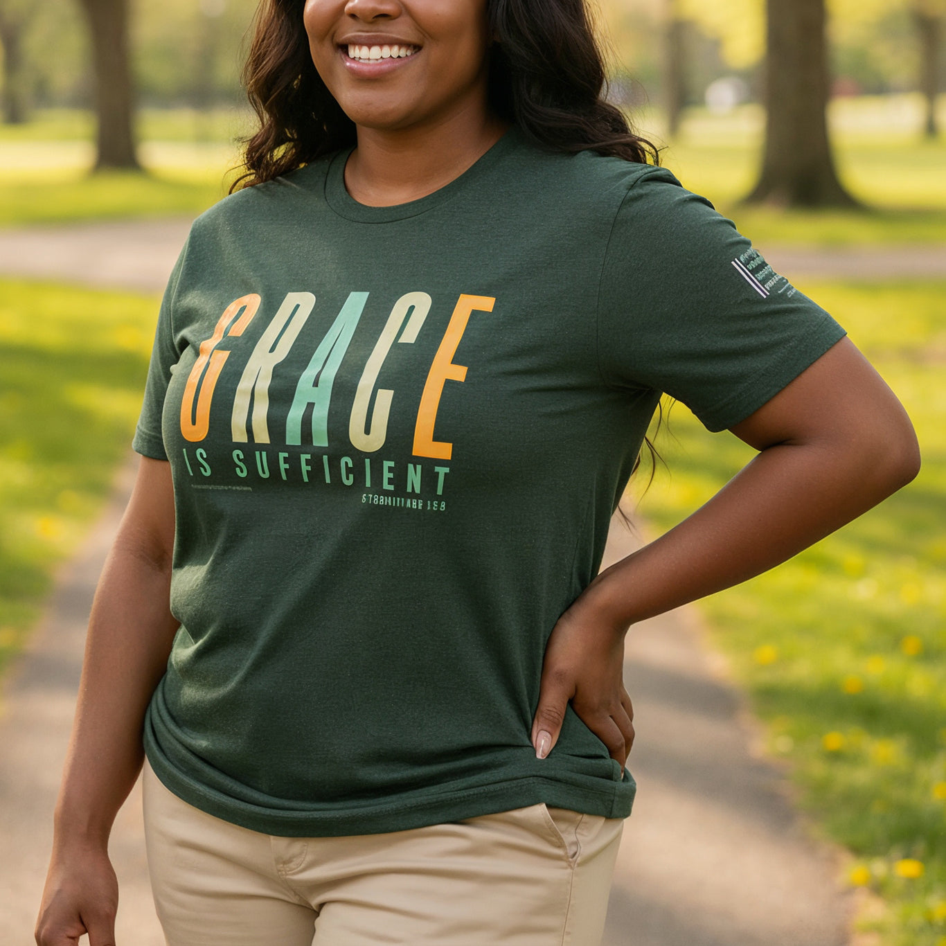 Grace is Sufficient Christian T-Shirt (Shades of Spring) Heather Forest Green