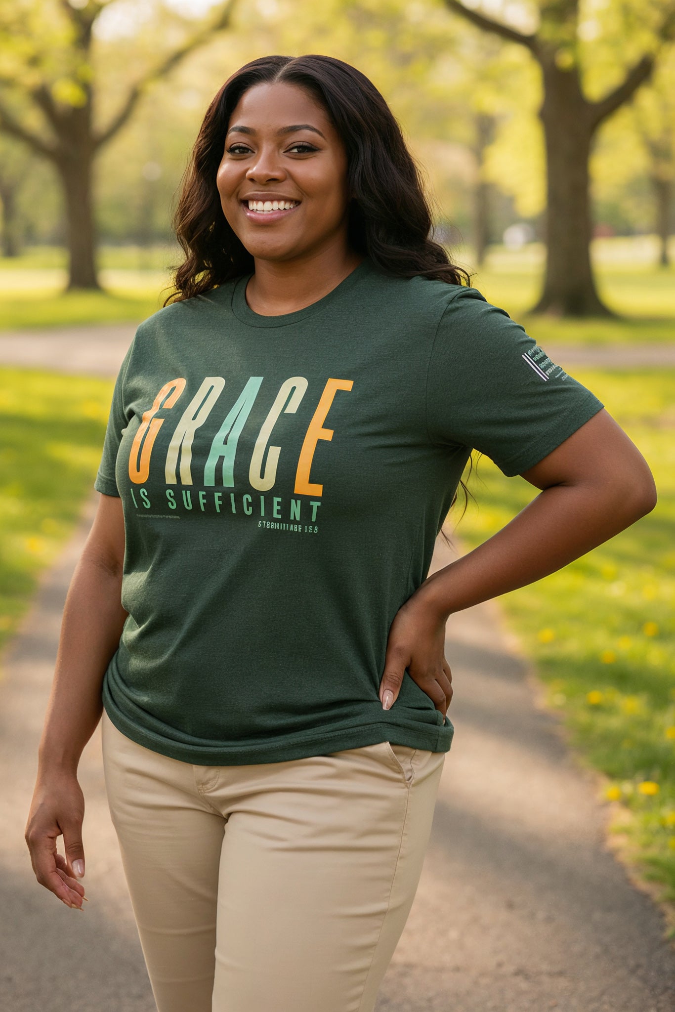 Grace is Sufficient Christian T-Shirt (Shades of Spring) Heather Forest Green