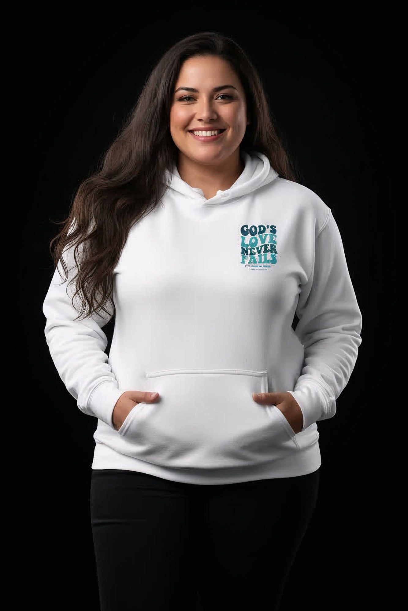 God's Love Never Fails Hoodie (Turquoise/White)