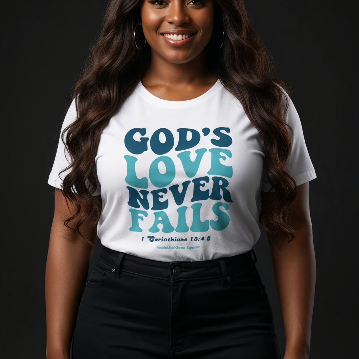 God's Love Never Fails Plus Size Tee (Turquoise/White)