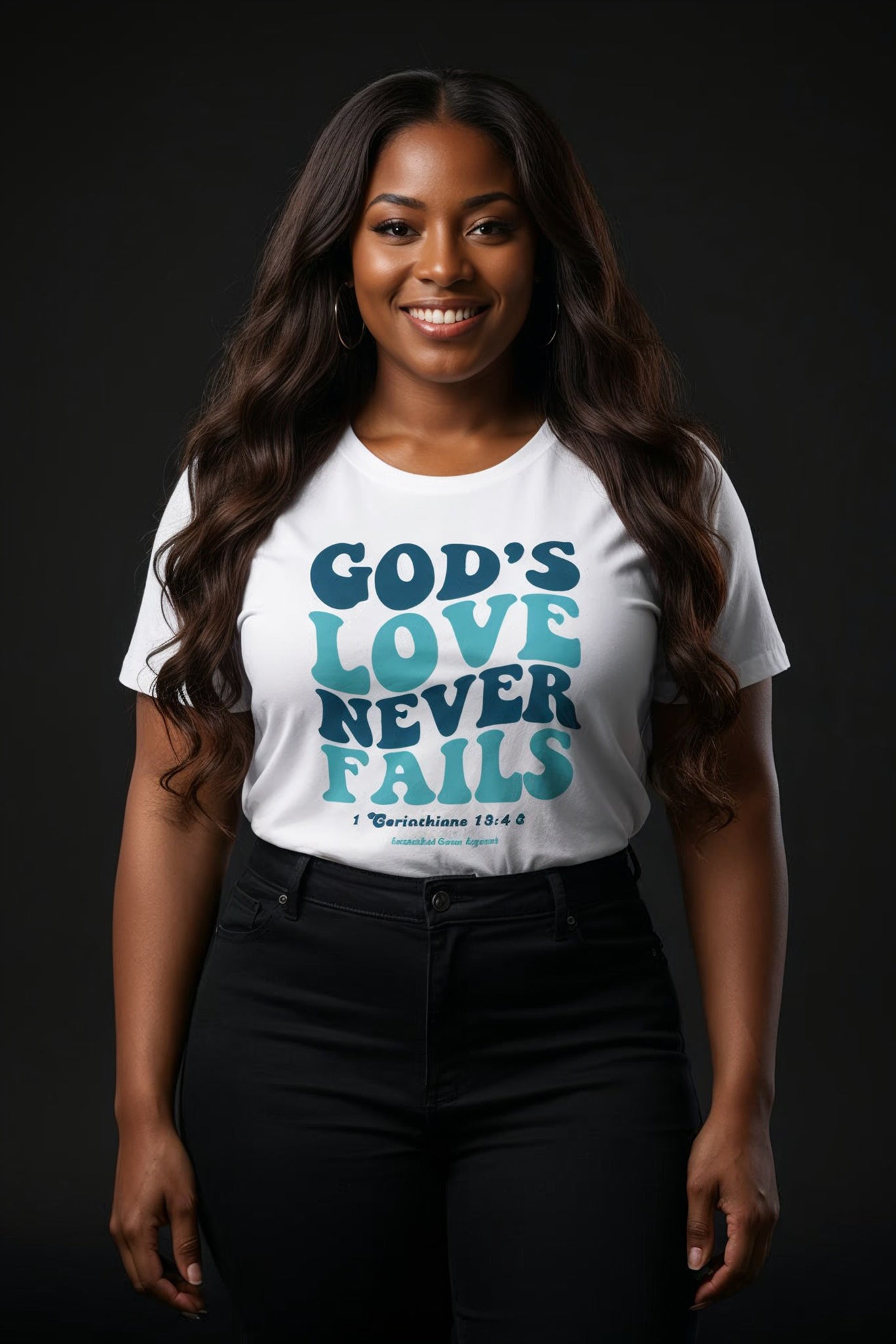 God's Love Never Fails Plus Size Christian Tee (Turquoise/White)