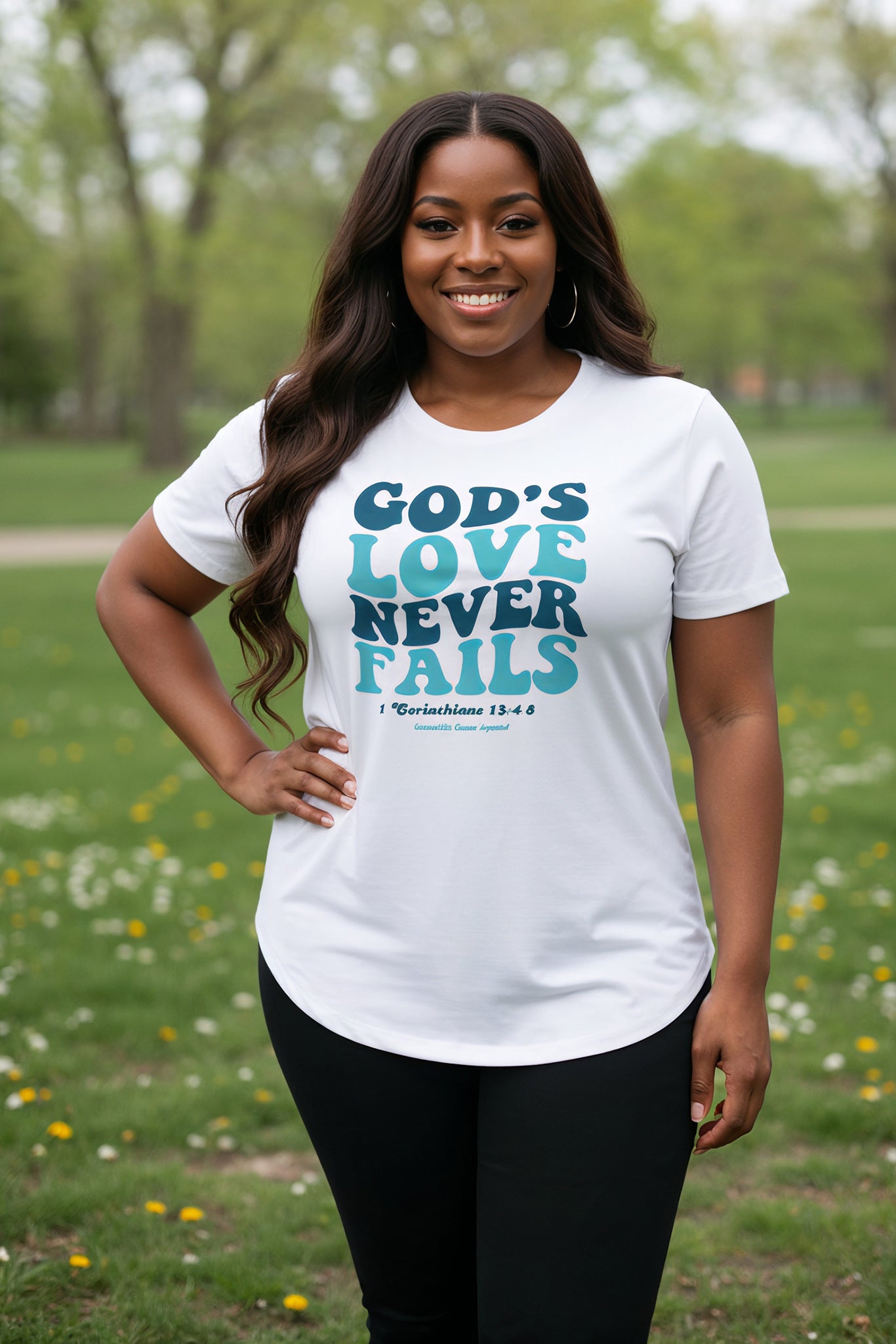 God's Love Never Fails Plus Size Christian Tee (Turquoise/White)
