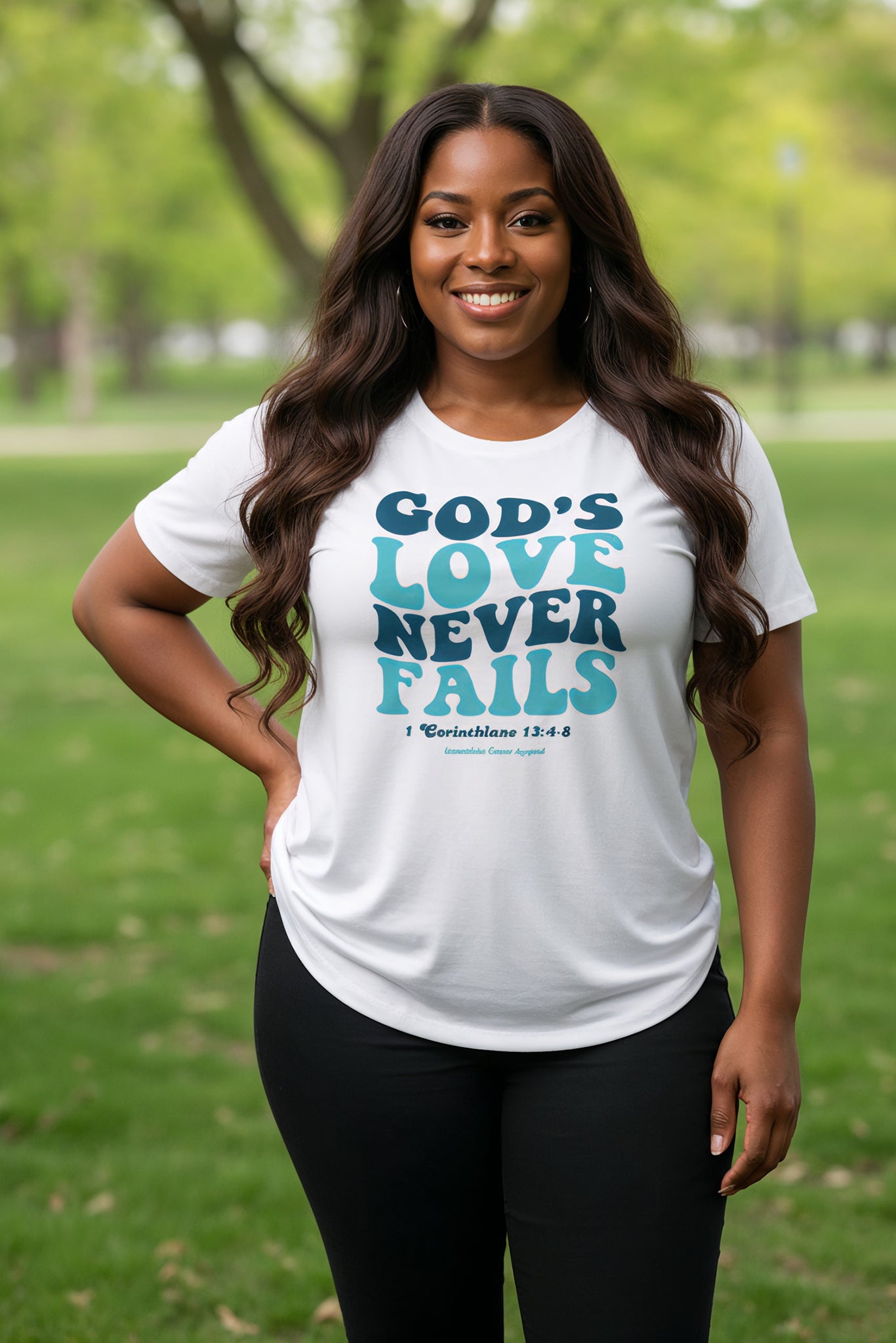 God's Love Never Fails Plus Size Christian Tee (Turquoise/White)