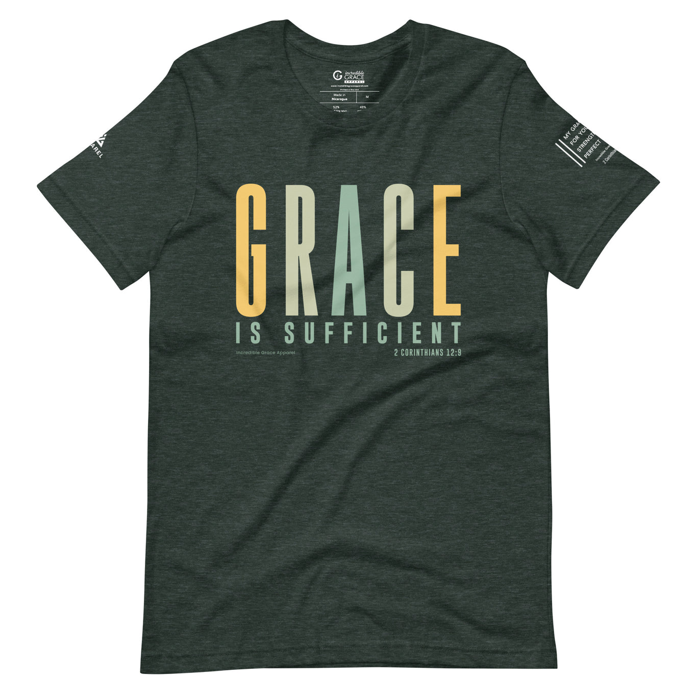 Grace is Sufficient Christian T-Shirt (Shades of Spring) Heather Forest Green